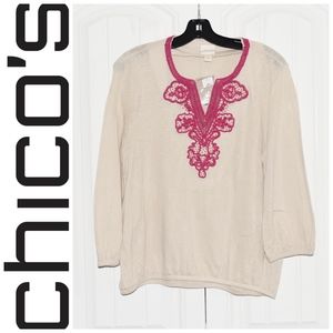 Chico's Embroidered Creme Pink Top Size 1 or 8 NWT